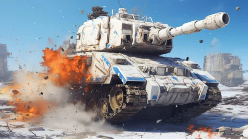 Modern Tank in Snowy Battlefield: Destruction and Chaos
