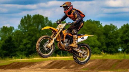 Motocross Rider Jumping Over Obstacle in Race