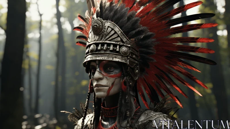 Native American Man in Forest with Traditional Headdress AI Image