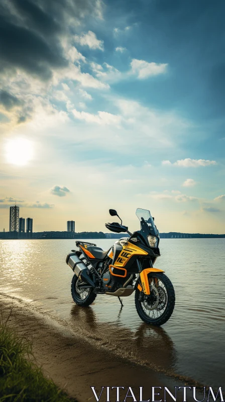 Orange Motorcycle on the Beach: A Fusion of Adventure and Nature AI Image