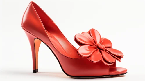Red Leather High-Heeled Shoe with Flower Ornament