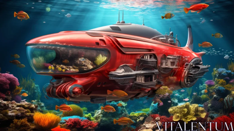 AI ART Red Submarine Exploring Coral Reef - Underwater Exploration Art
