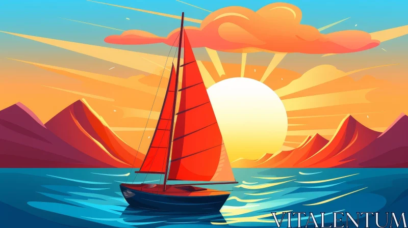 Sailboat on Sea at Sunset Digital Painting AI Image