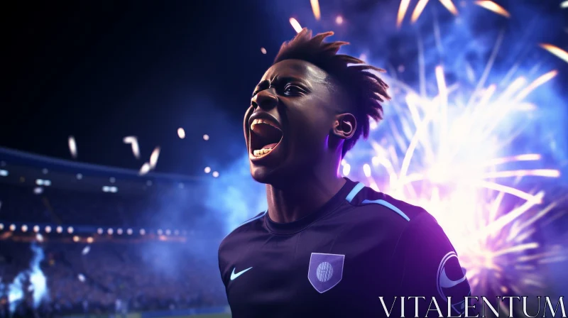 AI ART Soccer Player Celebrating Goal in Stadium with Fireworks