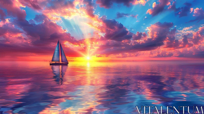 Tranquil Sunset Over Ocean with Sailboat AI Image