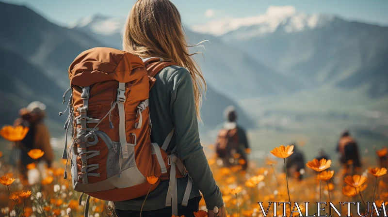 Woman in Field of Orange Flowers and Mountains AI Image