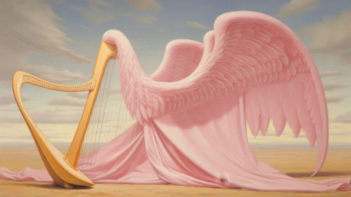 Enchanting Harp with Angel Wings on Beach