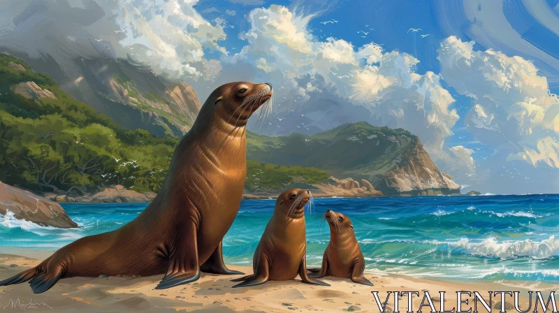 AI ART Family of Seals on Beach Painting - Nature Artwork