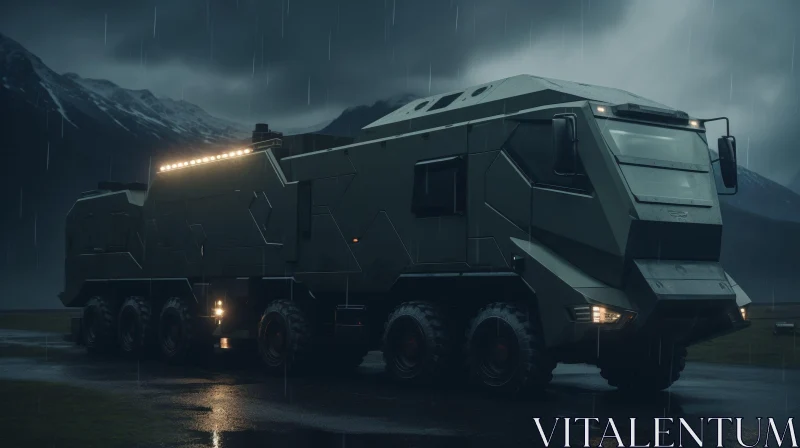 Futuristic Military Vehicle in Mountain War Zone AI Image