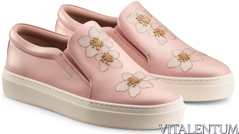 Pink Leather Slip-On Sneakers with Floral Embroidery AI Image