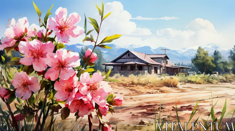 Tranquil Rural Landscape with Flowers and Wooden House AI Image