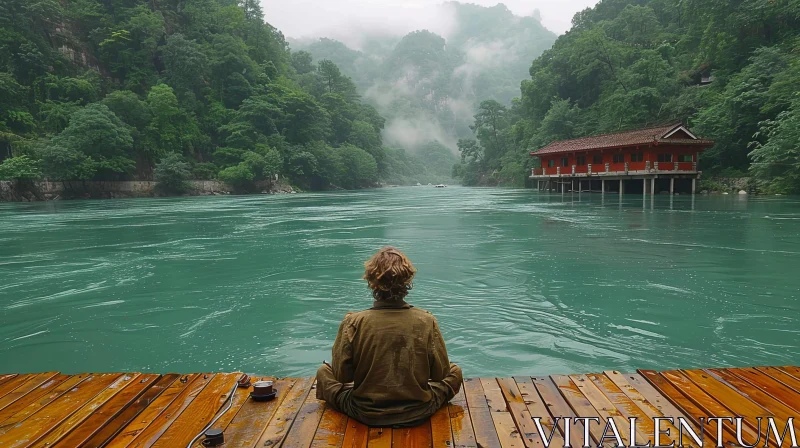 Tranquil Scene: Person by River in Mountains AI Image
