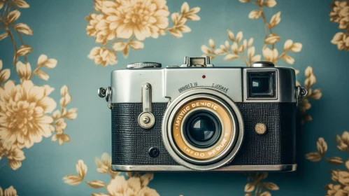 Vintage Camera on Blue Floral Background