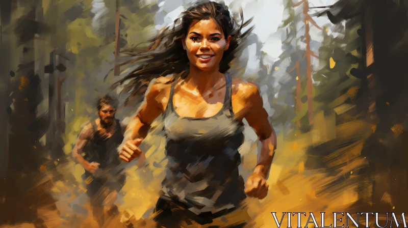 Young Woman and Man Running in Forest Painting AI Image