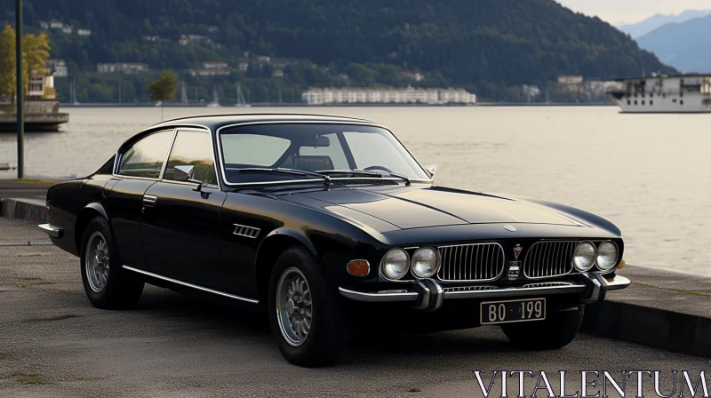 Black Classic Car Parked Next to Lakes - Majestic and Immersive AI Image