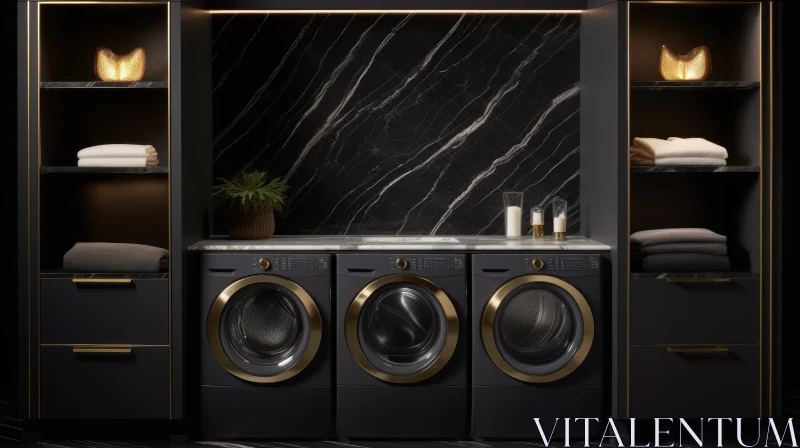 Luxurious Laundry Room with Black Marble Walls and Gold Accents AI Image