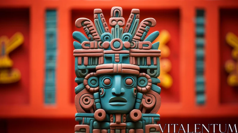 Mayan Sculpture in Blue-Green Stone: Human Face with Headdress AI Image