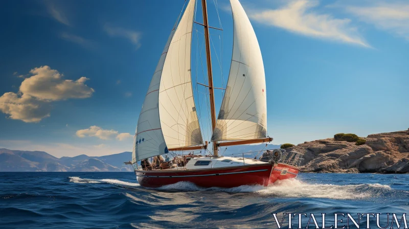Red and White Sailboat Slicing Through Blue Waves AI Image