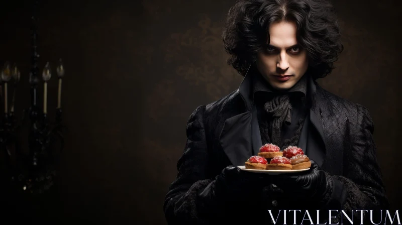 Serious Young Man with Cakes in Black Suit AI Image