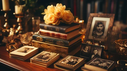Antique Old Books and Rose on Wooden Table