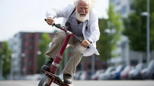 Cheerful Senior Man Riding Scooter Joyfully