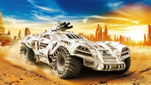 Futuristic Armored Vehicle in Desert Landscape
