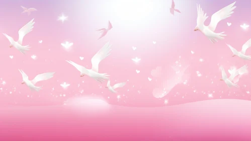 Pink Background with White Doves and Sparkles
