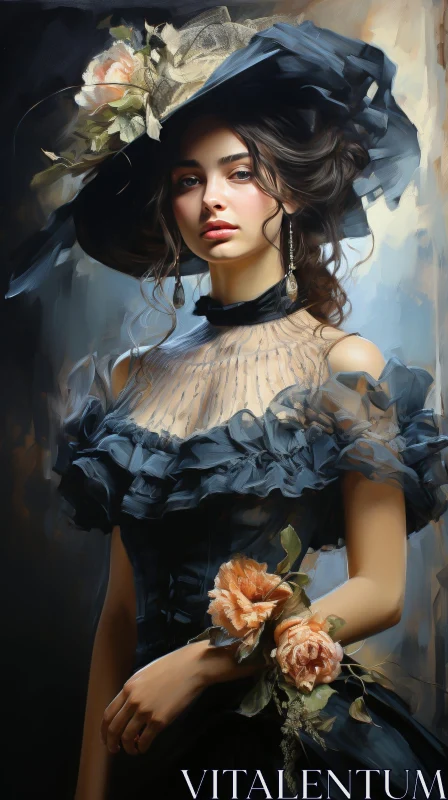 Serious Young Woman Portrait in Black Dress and Hat AI Image