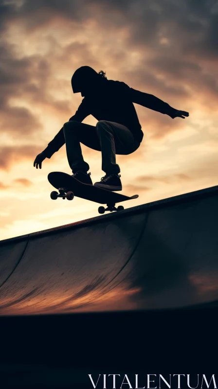 Skateboarder Silhouette Jumping at Sunset AI Image