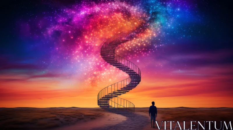AI ART Surreal Metal Staircase Leading to Starry Desert Sky