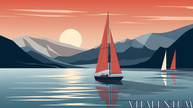 AI ART Tranquil Sailboat Illustration on Lake at Sunset