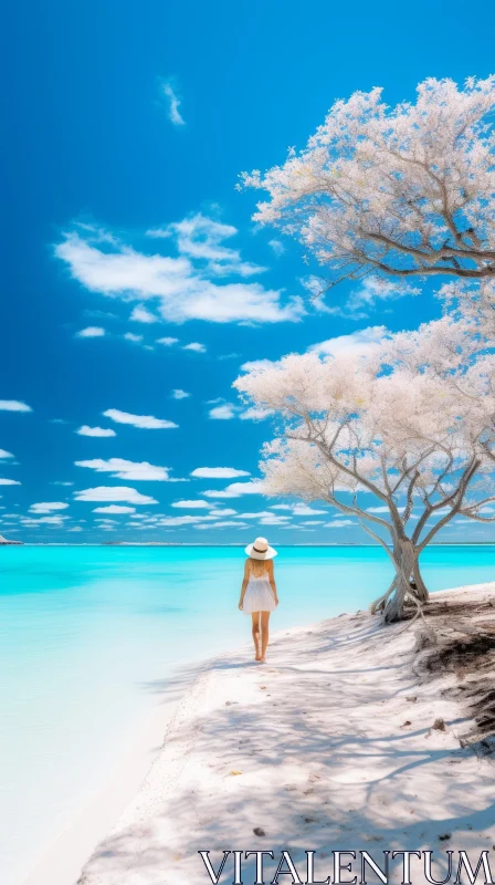 Tropical Beach Woman Walking in White Dress Straw Hat AI Image