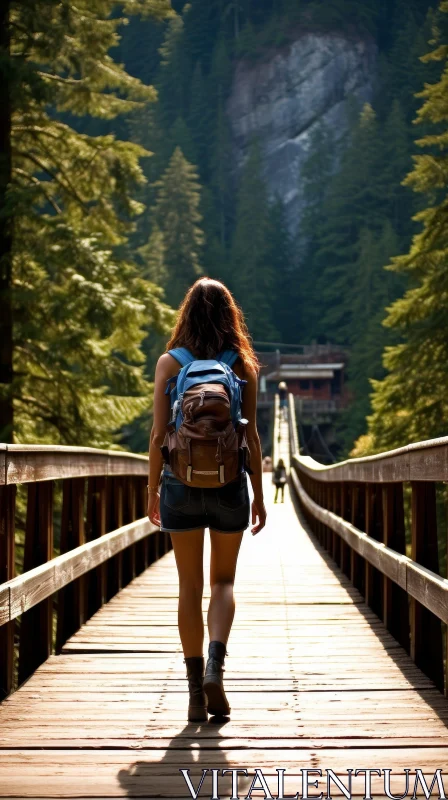 Woman Walking Across Wooden Bridge in Coniferous Forest AI Image