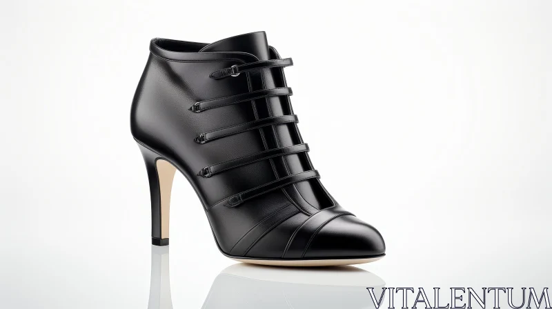 Black Leather Stiletto Heel Ankle Boot with Straps and Buckles AI Image