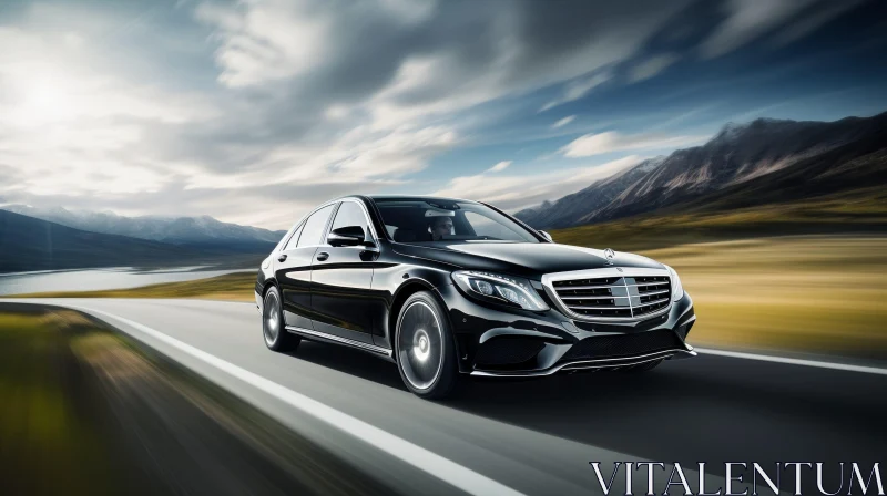 Black Mercedes-Benz S-Class Speeding Through Mountainous Landscape AI Image