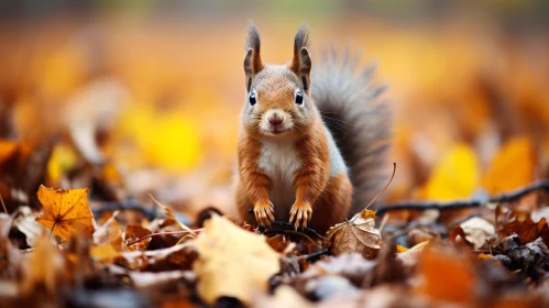 Curious Red Squirrel Portrait on Fallen Leaves