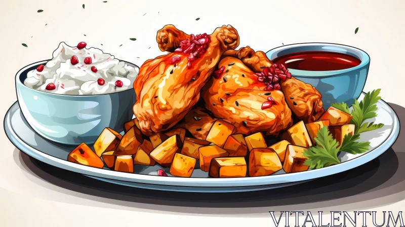 AI ART Delicious Chicken Wings with Sweet and Sour Sauce and Pomegranate Seeds