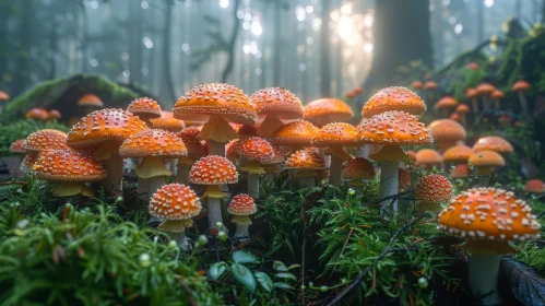 Enchanting Mushroom Cluster in Green Forest