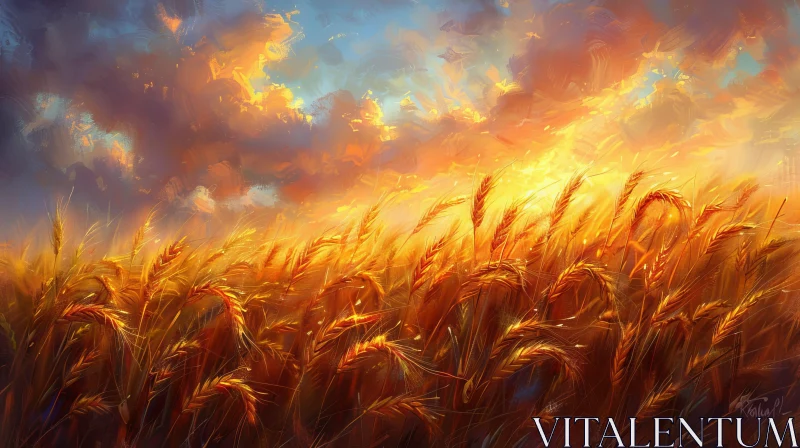 Golden Wheat Field Sunset Painting AI Image