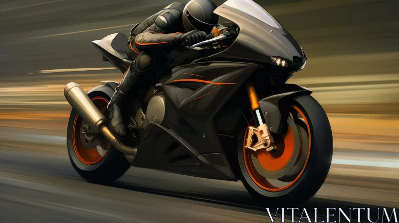 Man Riding Black and Orange Motorcycle in City AI Image
