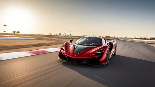 Red McLaren Senna Sports Car Racing in Desert Landscape