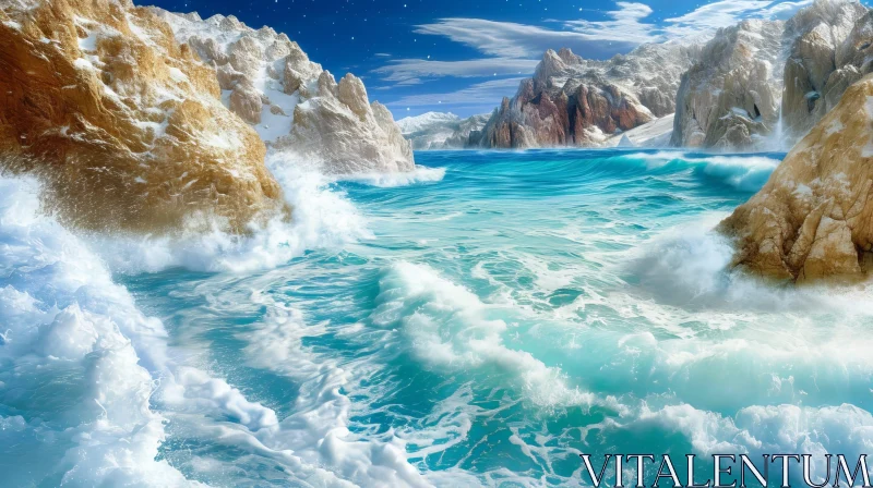 Snow-Capped Mountains Rocky Coast Landscape