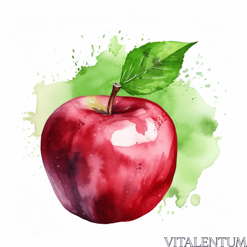 Watercolor Red Apple with Green Leaf - Color Splash Illustration AI Image