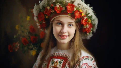 Young Girl in Traditional Headdress with Flowers
