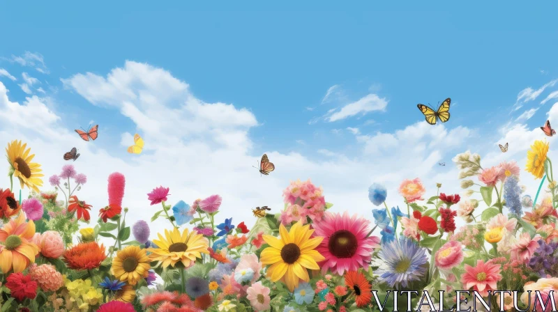 Colorful Field of Blooming Flowers with Butterflies AI Image