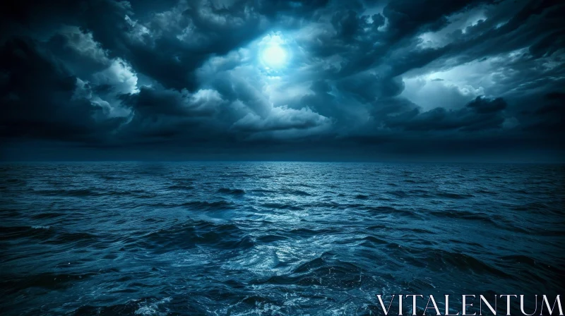 Eerie Night Seascape with Dramatic Moonlight AI Image