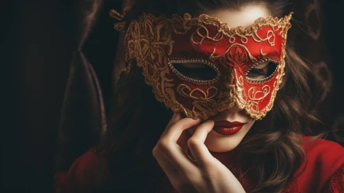 Enigmatic Woman in Red and Gold Venetian Mask