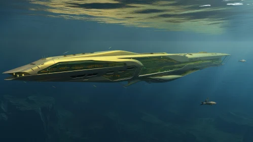 Futuristic Gold Submarine in Water