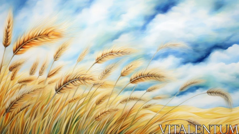Golden Wheat Field Painting with Blue Sky AI Image