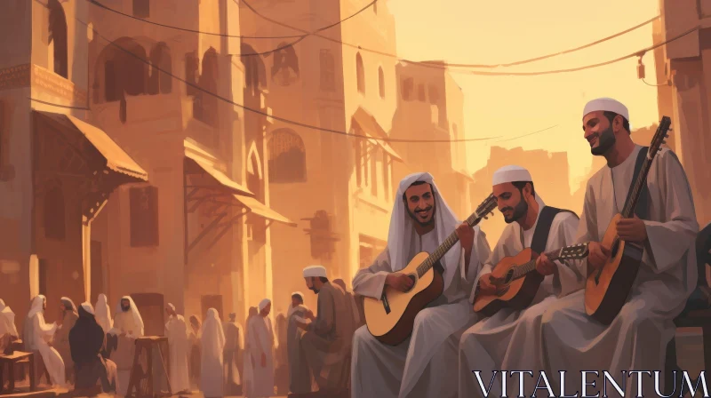 Middle Eastern Marketplace Guitar Players Scene AI Image